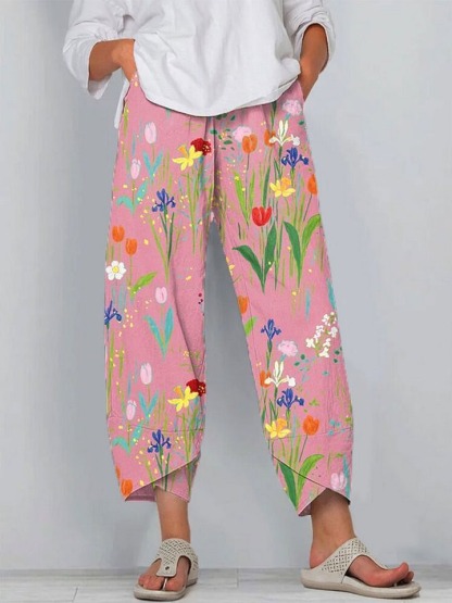 Women's Vintage Flowers Print Casual Linen V-neck Shirt