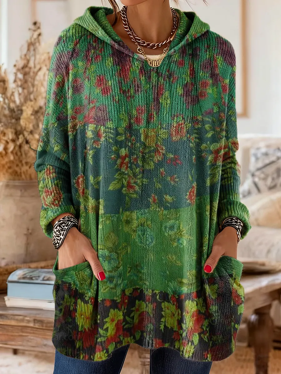 Women's Vintage Floral Art Print Casual Long-sleeve Hoodie With Pockets