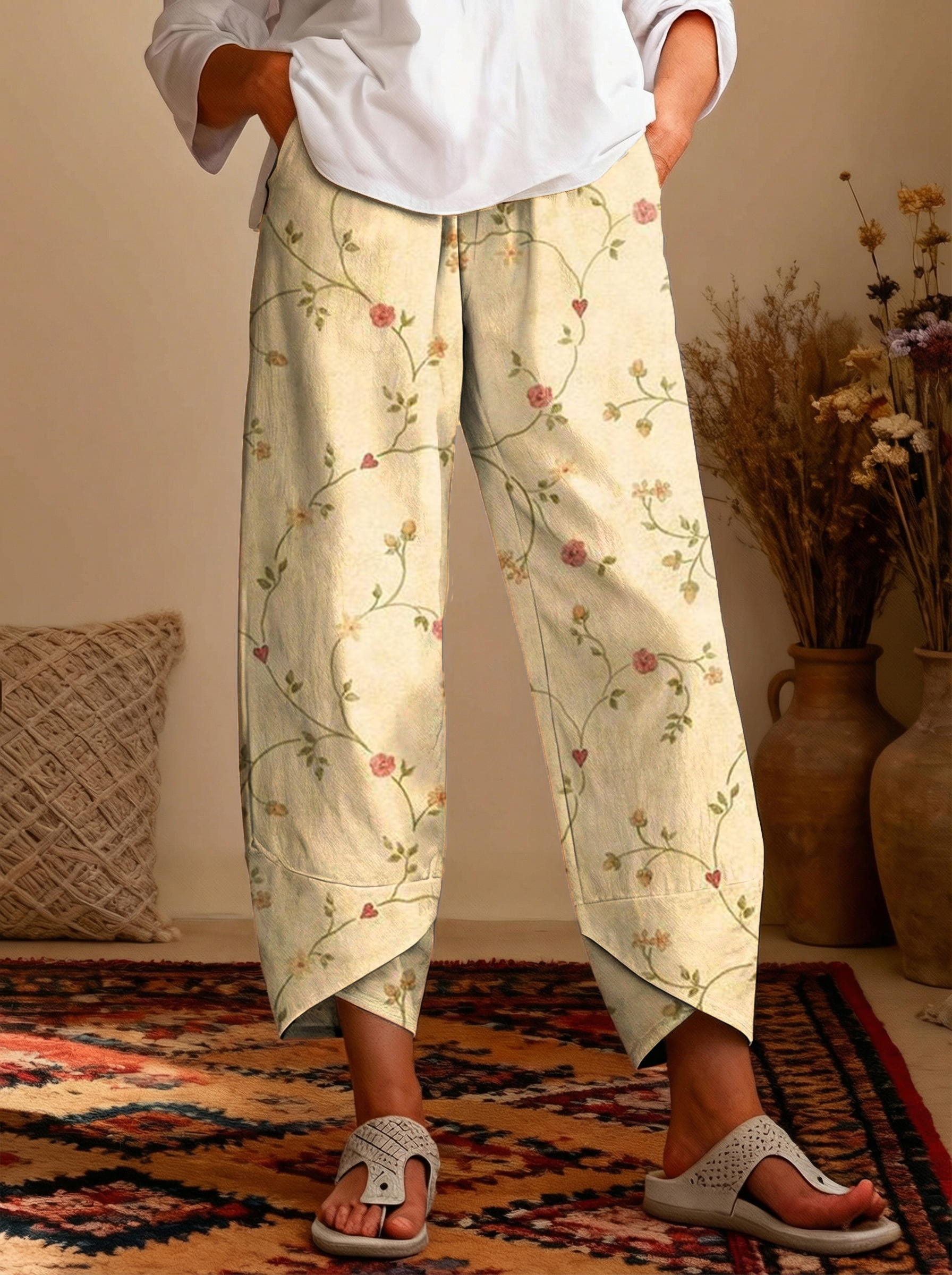 Women's Vintage Floral Patterns Art Print Casual Cotton Trousers