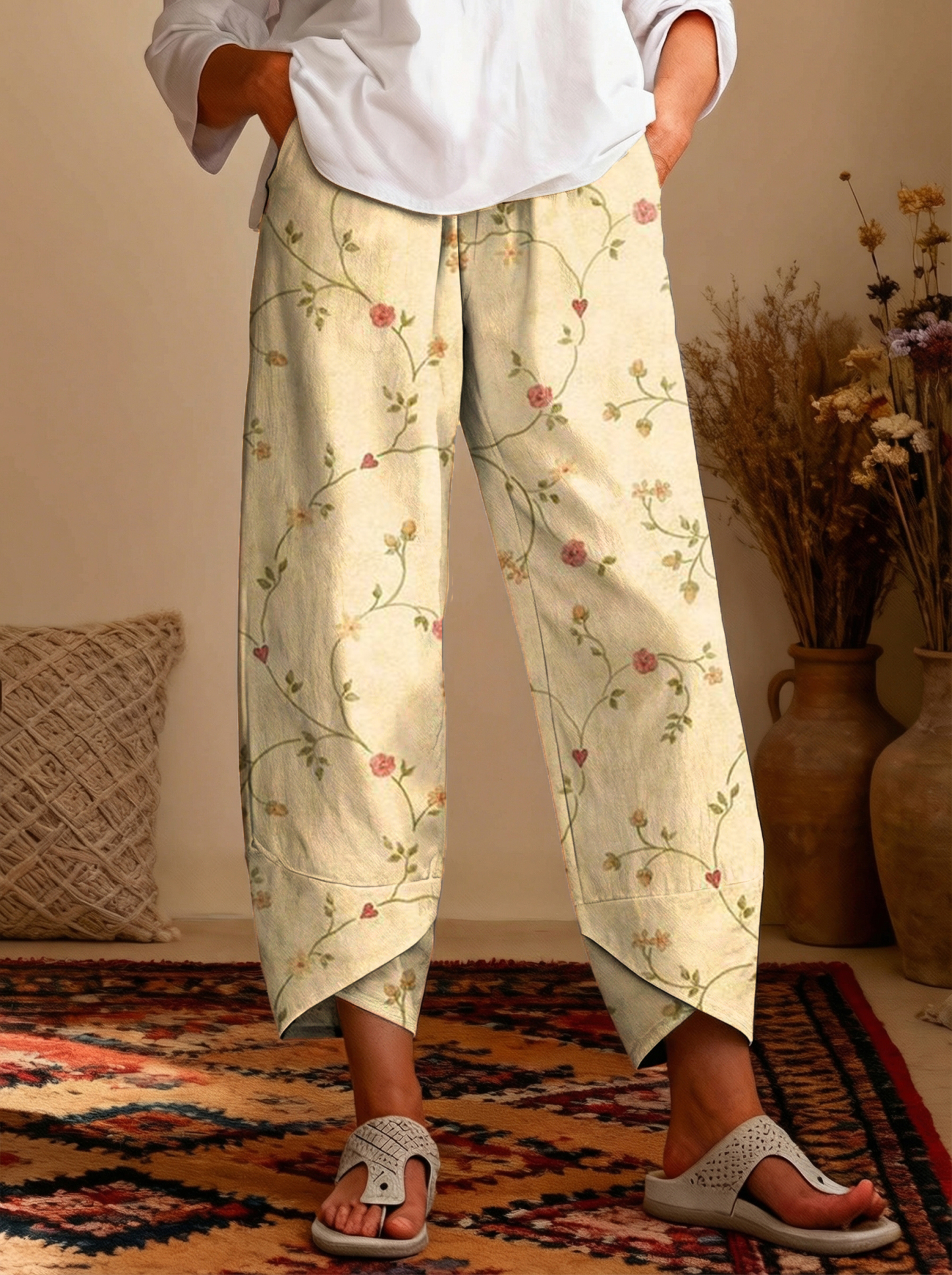 Women's Vintage Floral Patterns Art Print Casual Cotton Trousers