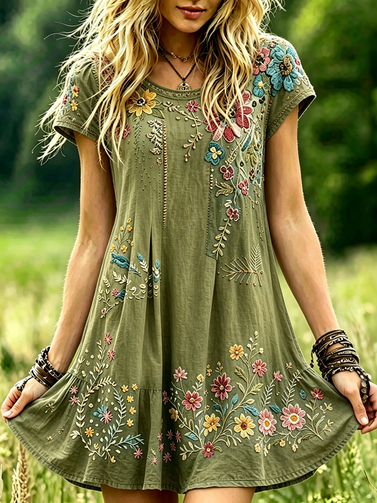 Women's Retro Floral Resort Cotton Linen Short-sleeved Mini Dress