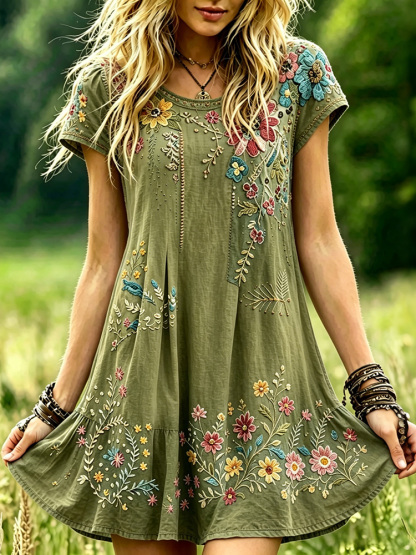 Women's Retro Floral Resort Cotton Linen Short-sleeved Mini Dress