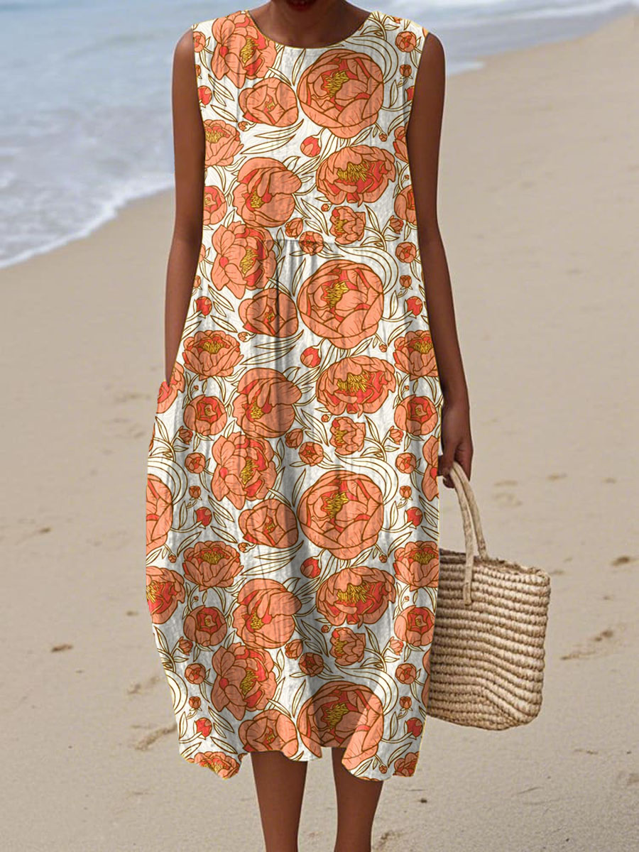 Women's Vintage Floral Art Print Sleeveless Cotton Pocket Wrap Dress