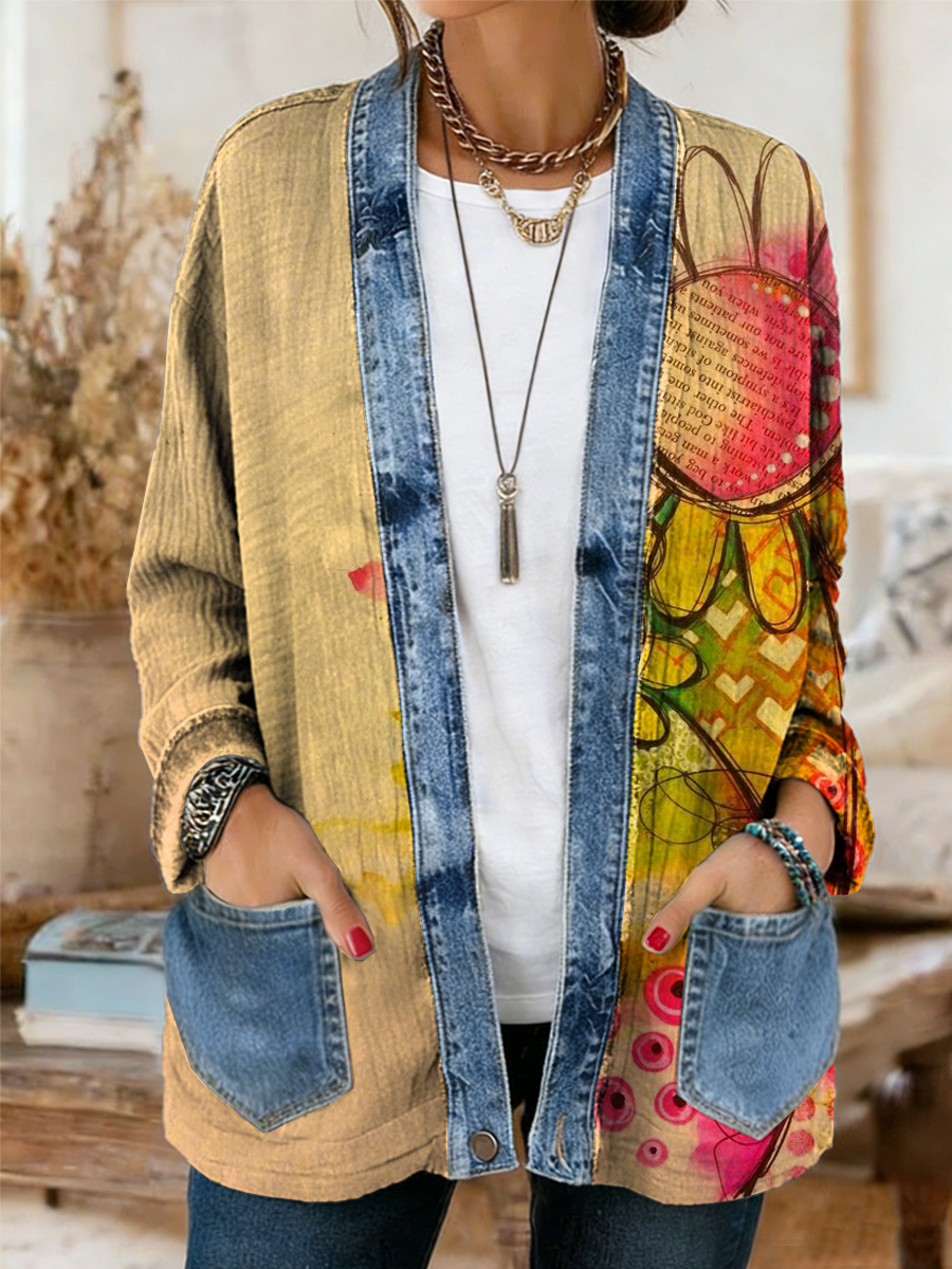 Women's Colorful Floral Art Print Casual Long-Sleeved Pocket Cardigan Coat