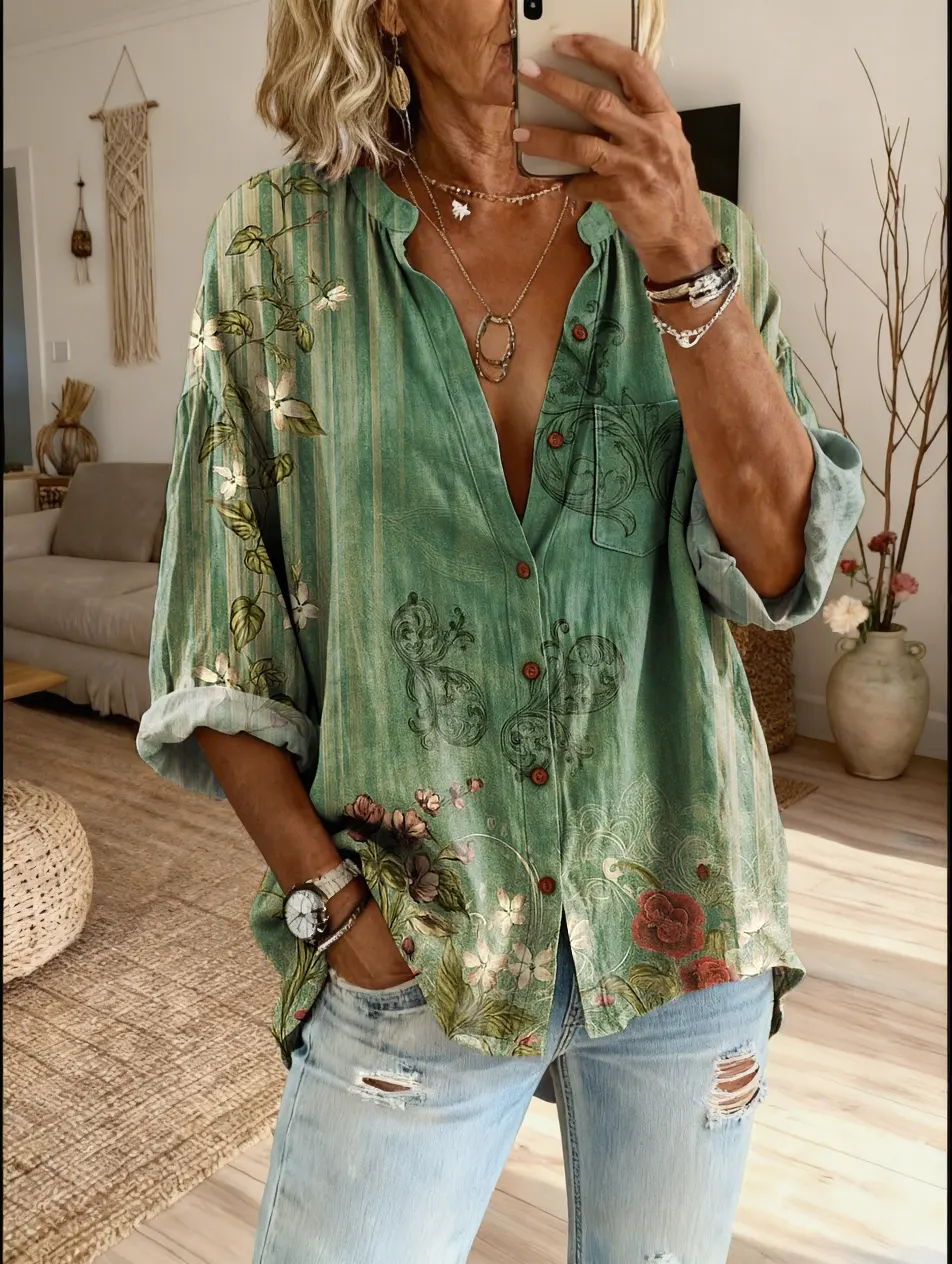 Ethnicity Flowers Geometry Women's Vintage Art Print Casual Cotton And Linen Shirt