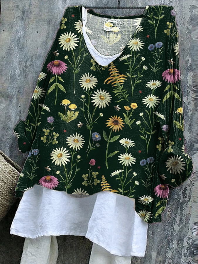 Women's Forest Floral Print V-Neck Top