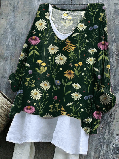 Women's Forest Floral Print V-Neck Top