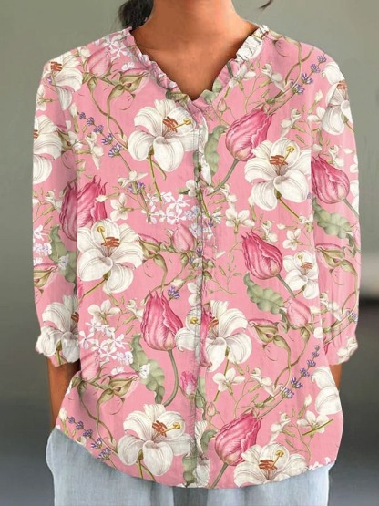 Women's Vintage Floral Art Print Casual Linen V-neck Shirt