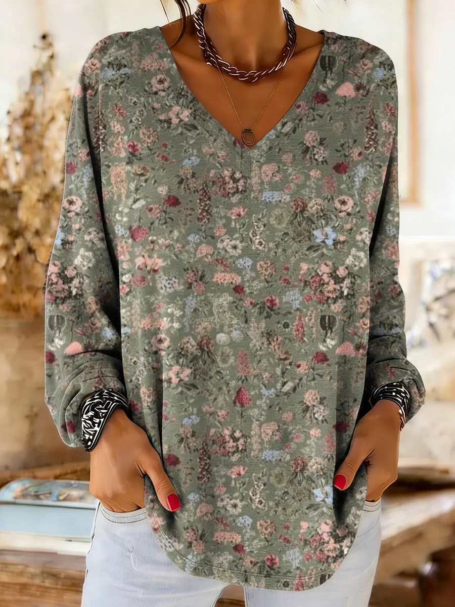 Women's Floral Art Print Comfortable V-Neck Knit Sweater
