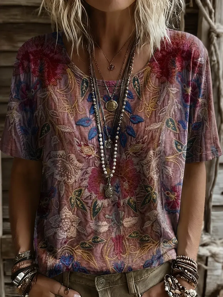 Women's Bohemian Ethnic-Style Floral Art Print Casual Short-Sleeve Crew Neck Pure Cotton T-Shirt