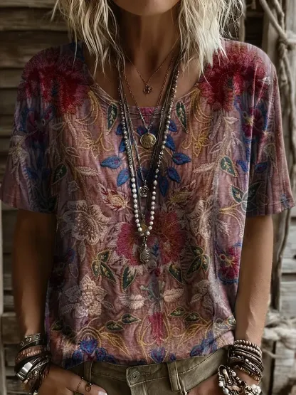 Women's Bohemian Ethnic-Style Floral Art Print Casual Short-Sleeve Crew Neck Pure Cotton T-Shirt