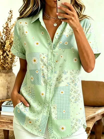 Women's Patchwork Floral & Gingham Print Cotton Short Sleeve Button-Down Shirt