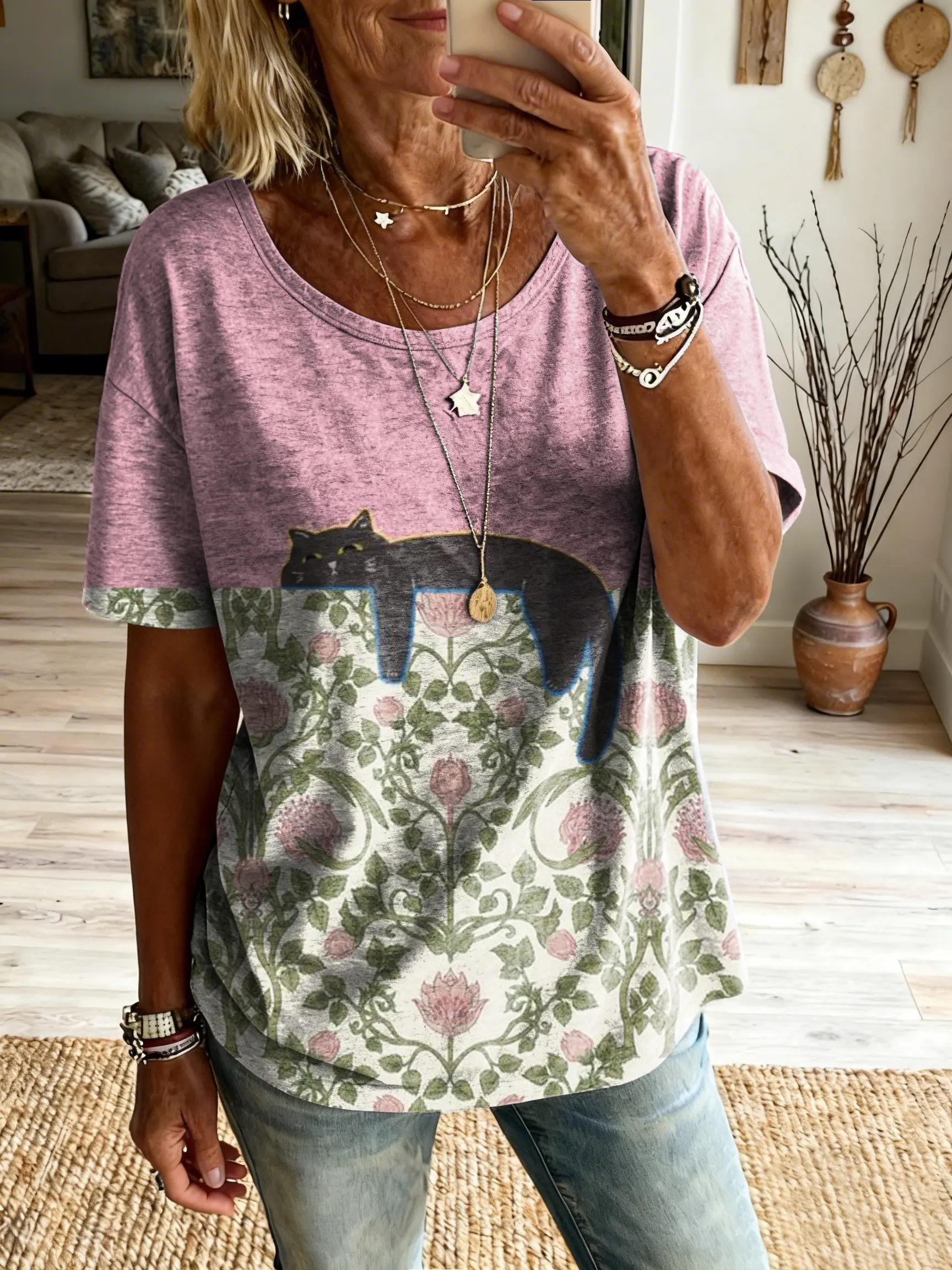 Women's Floral Black Cat Art Print Casual Crew Neck Short-Sleeve Pure Cotton T-Shirt