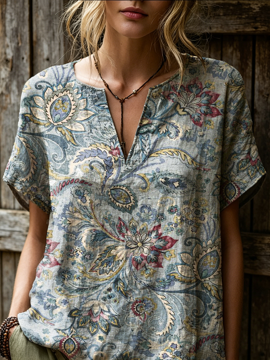 Women's Retro Ethnic Floral Art Print Casual Short-sleeve V-neck Cotton Linen Shirt