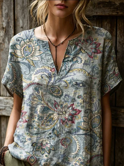 Women's Retro Ethnic Floral Art Print Casual Short-sleeve V-neck Cotton Linen Shirt