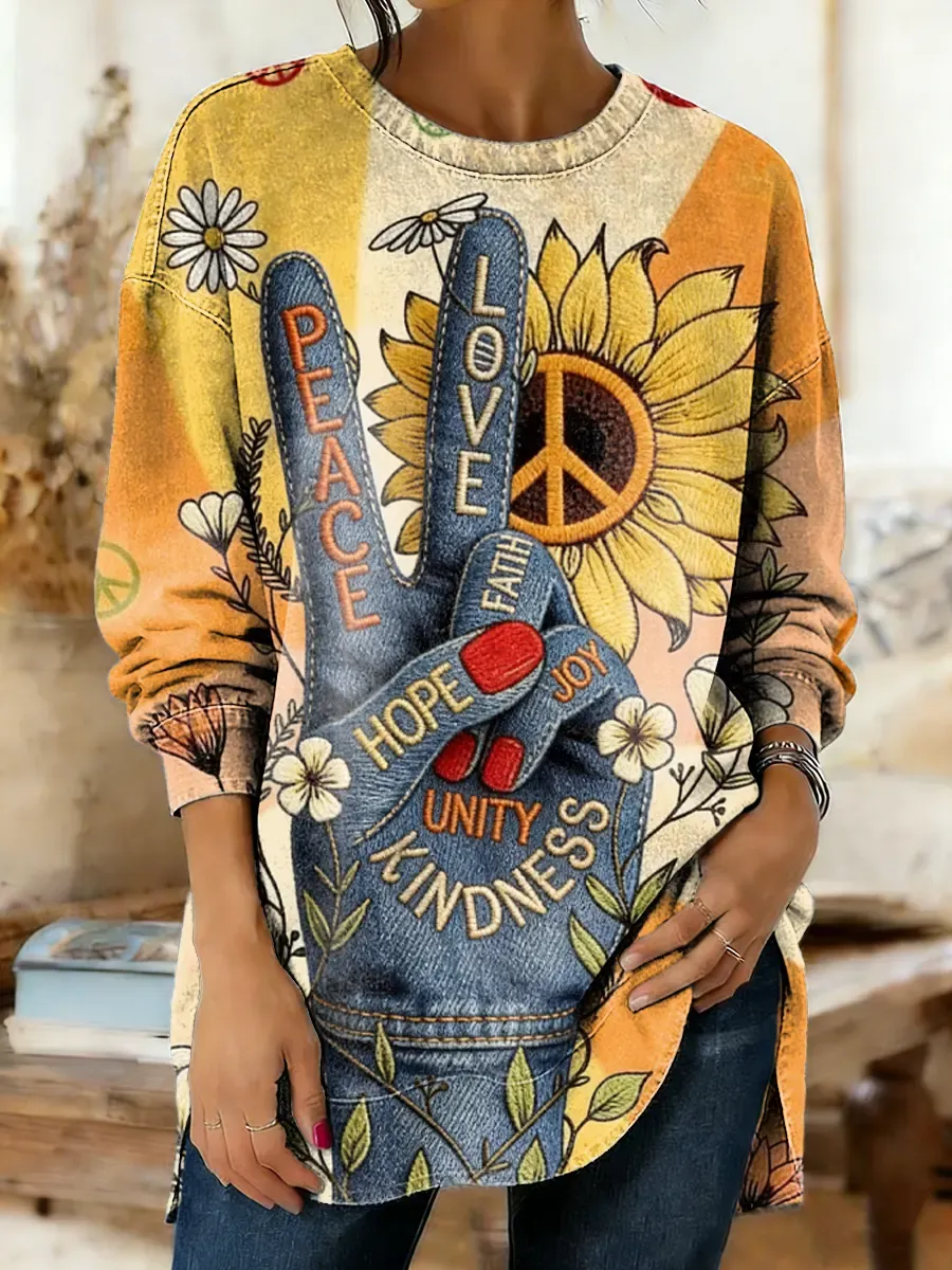 Women's Hippie Peace Symbol Flower Art Print Casual Washed Cotton Deni