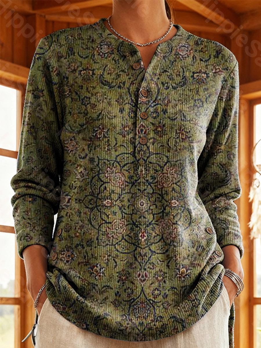 Women's Vintage Dark Green Bohemian Floral Art Print Casual Cotton Shirt