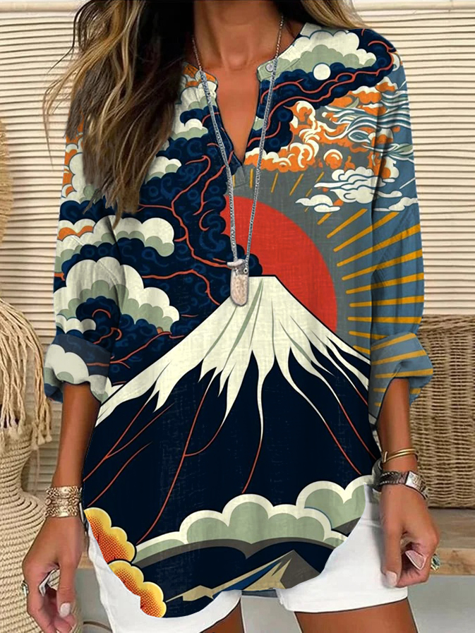 Women's Retro Japan Mount Fuji Ukiyo-e Print Linen V-neck Shirt