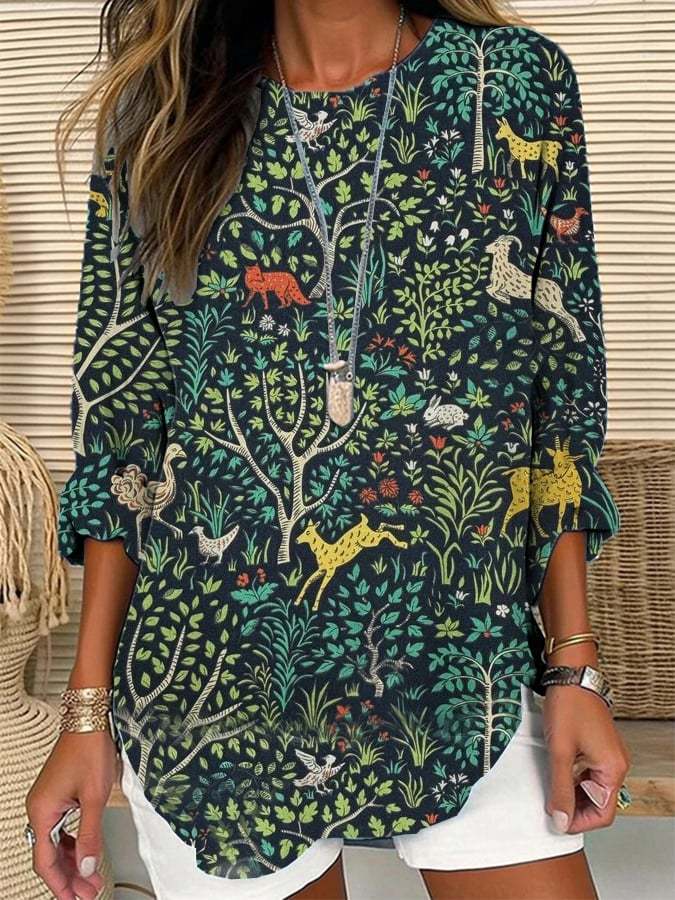 Women's Retro Forest-Style Design Loose Long-Sleeved Crew Neck Top