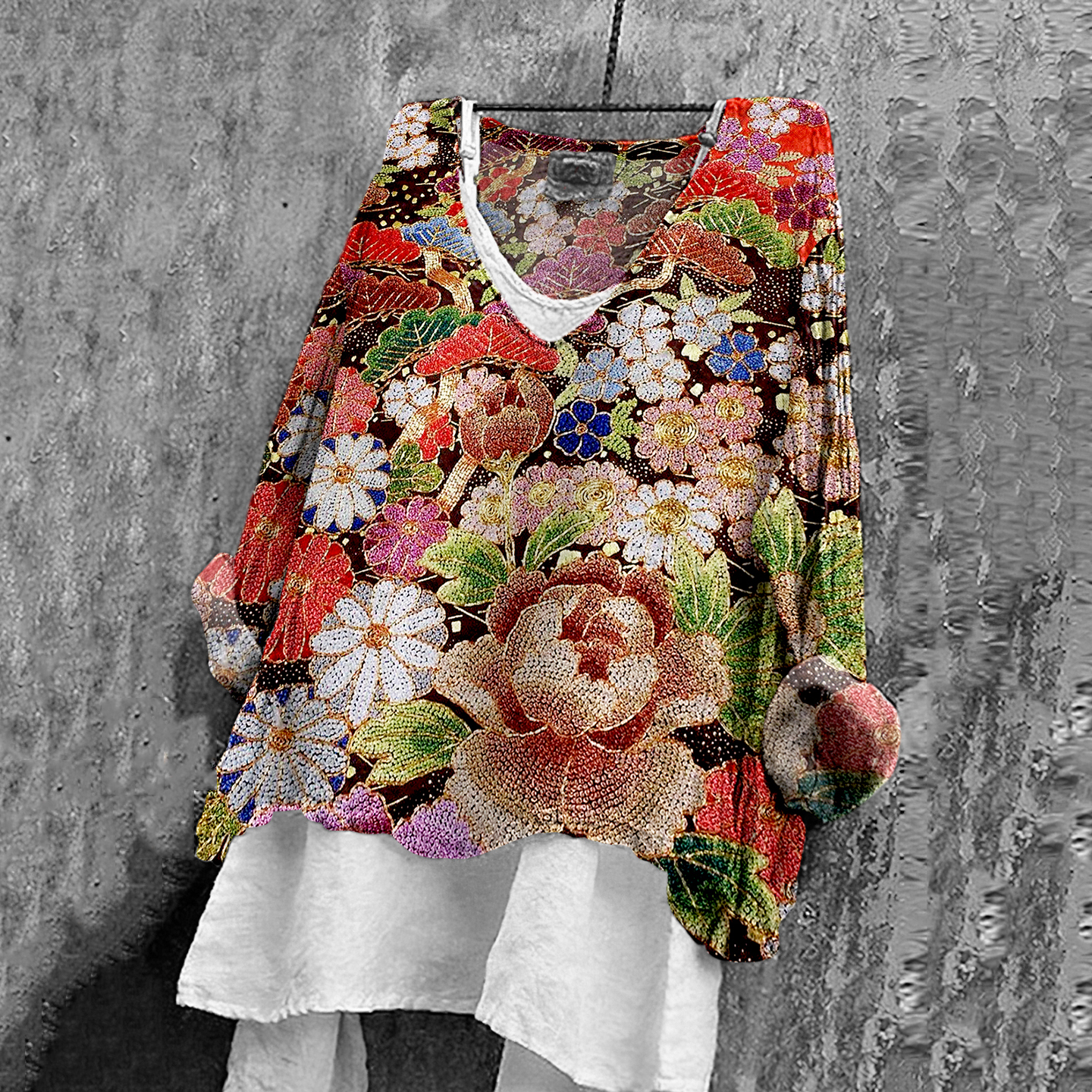 Women's Japanese Flower Art V-neck Linen Blend Shirt