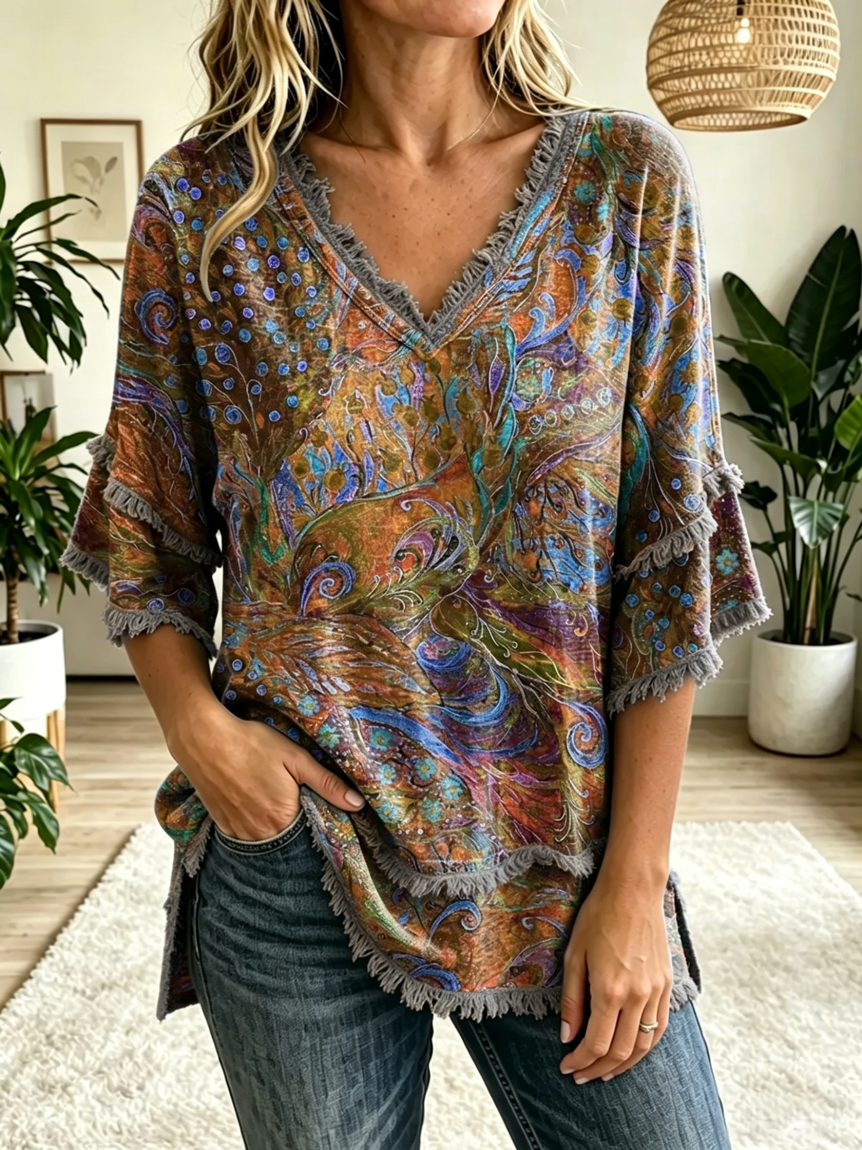 Women's Folk Floral Art Print V-Neck Tasseled Cotton Top
