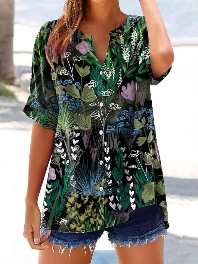 Women's Casual Retro Floral Cotton And Linen Shirt