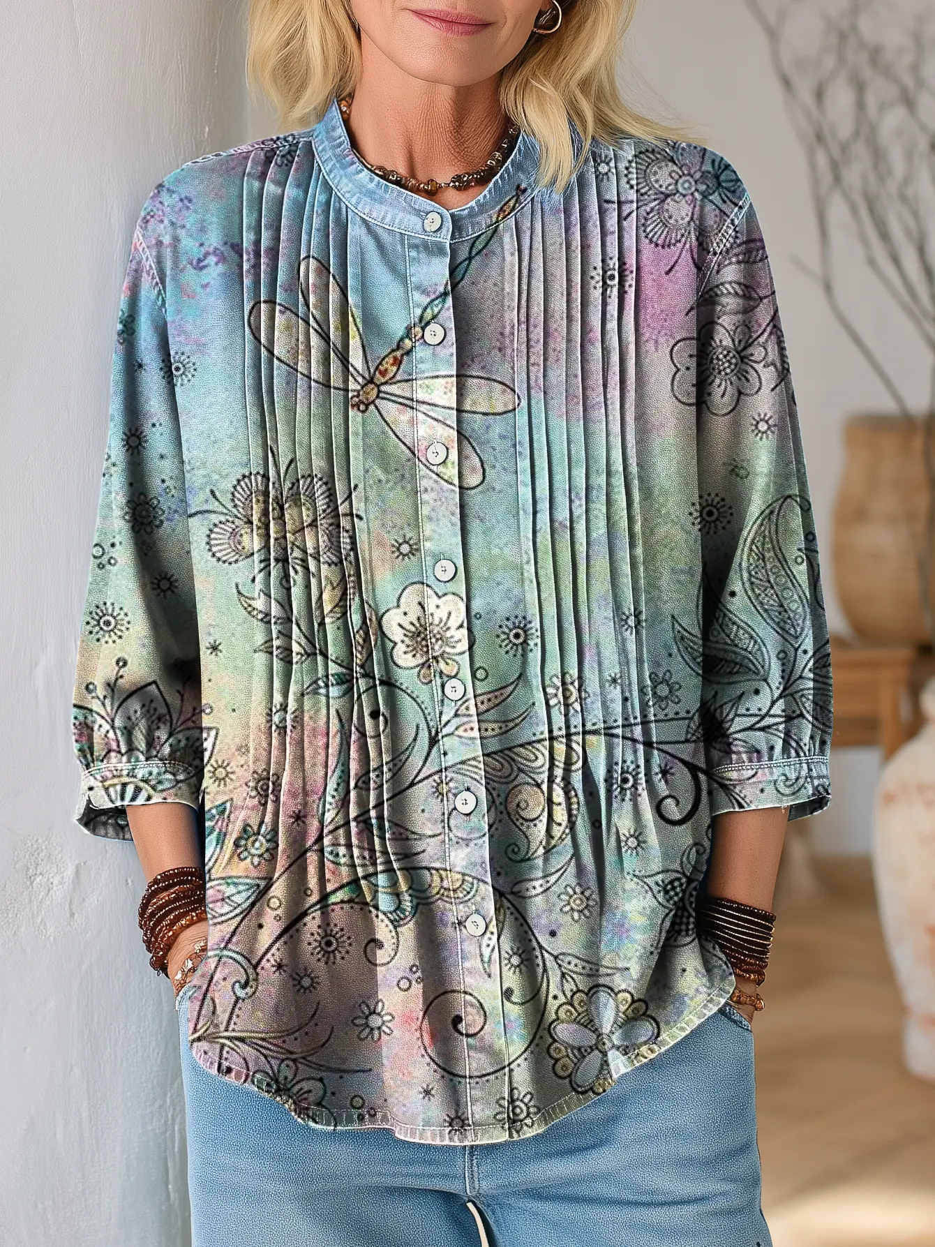 Women's Vintage Floral Dragonfly Art Print Casual Stand-collar Washed Cotton Top