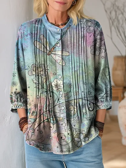 Women's Vintage Floral Dragonfly Art Print Casual Stand-collar Washed Cotton Top
