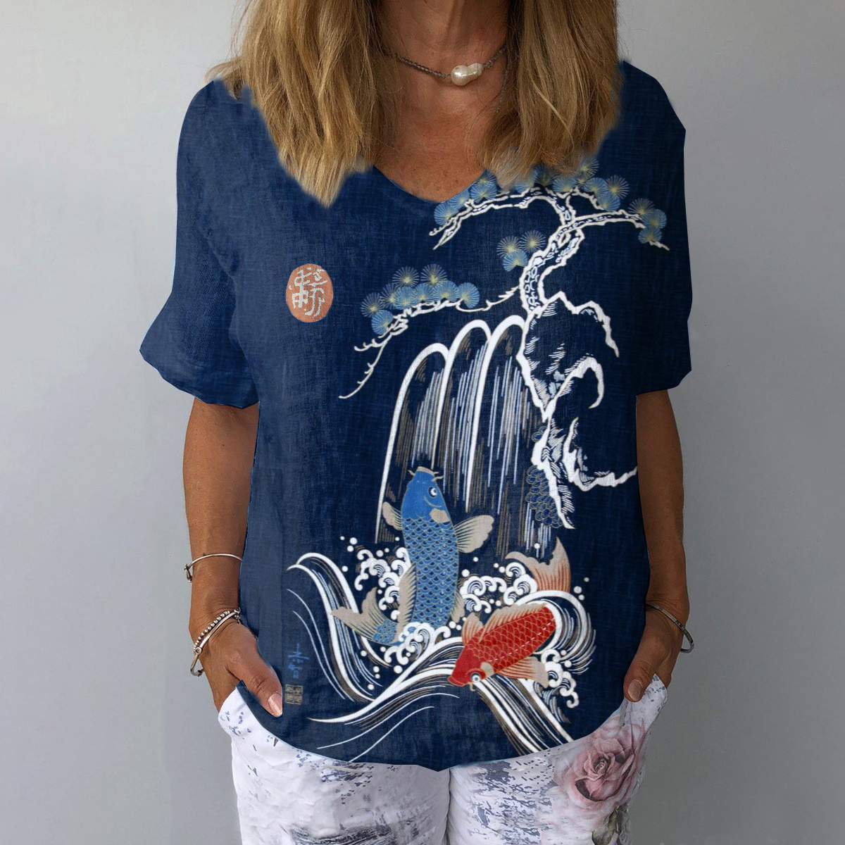 Japanese Blue Carp Art Women's Cotton Linen V-neck T-shirt