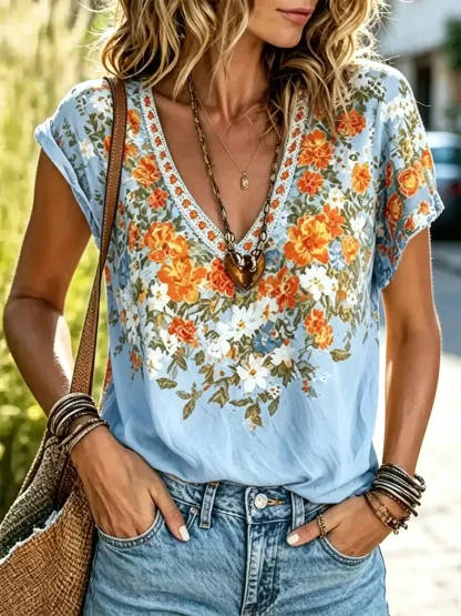 Women's Vintage Floral Print Cotton V-Neck Short Sleeve Top