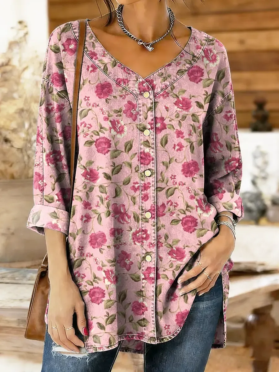 Women's Floral Print Cotton Denim Button-down Top