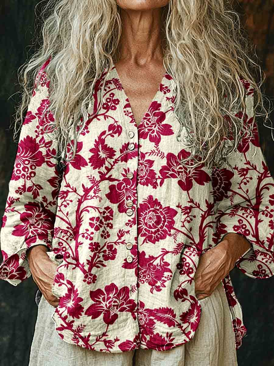 Women's Retro Floral Pattern Long Sleeve Comfortable Cotton And Linen 
