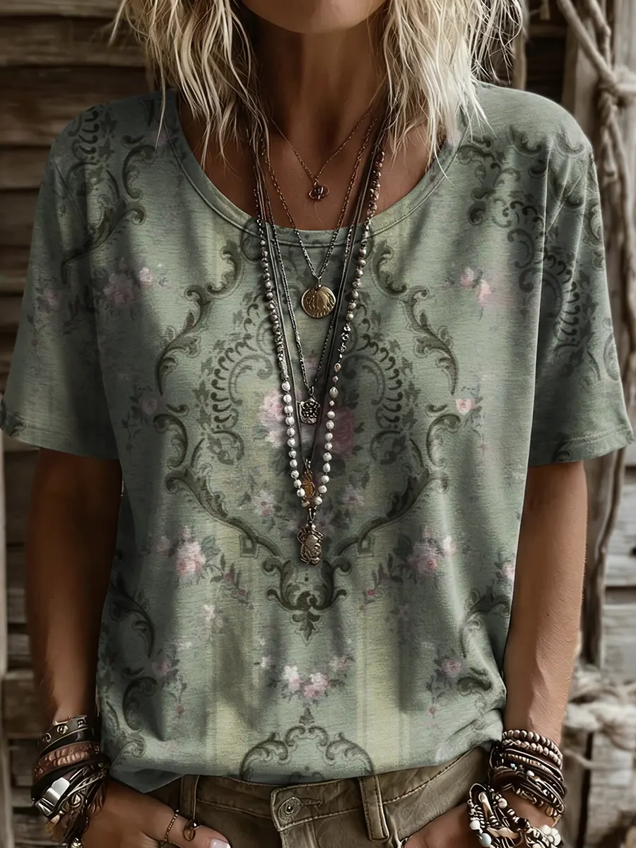 Women's Bohemian Retro Green Floral Art Print Casual Crew Neck T-Shirt