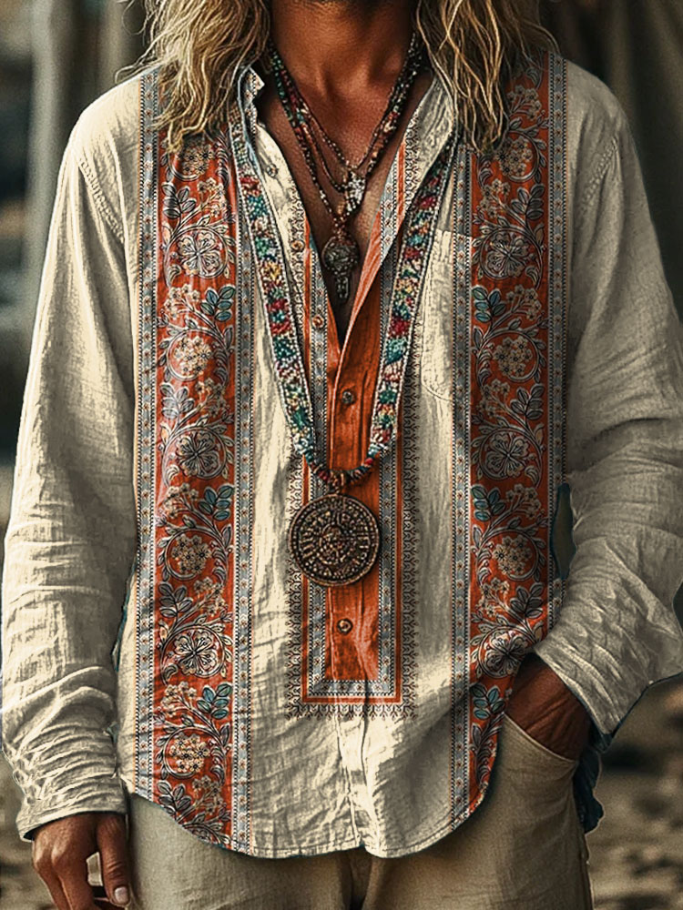 Retro Geometric stripes ethnic floral pattern Vintage Stripe Print 100% Cotton Long Sleeve Shirt