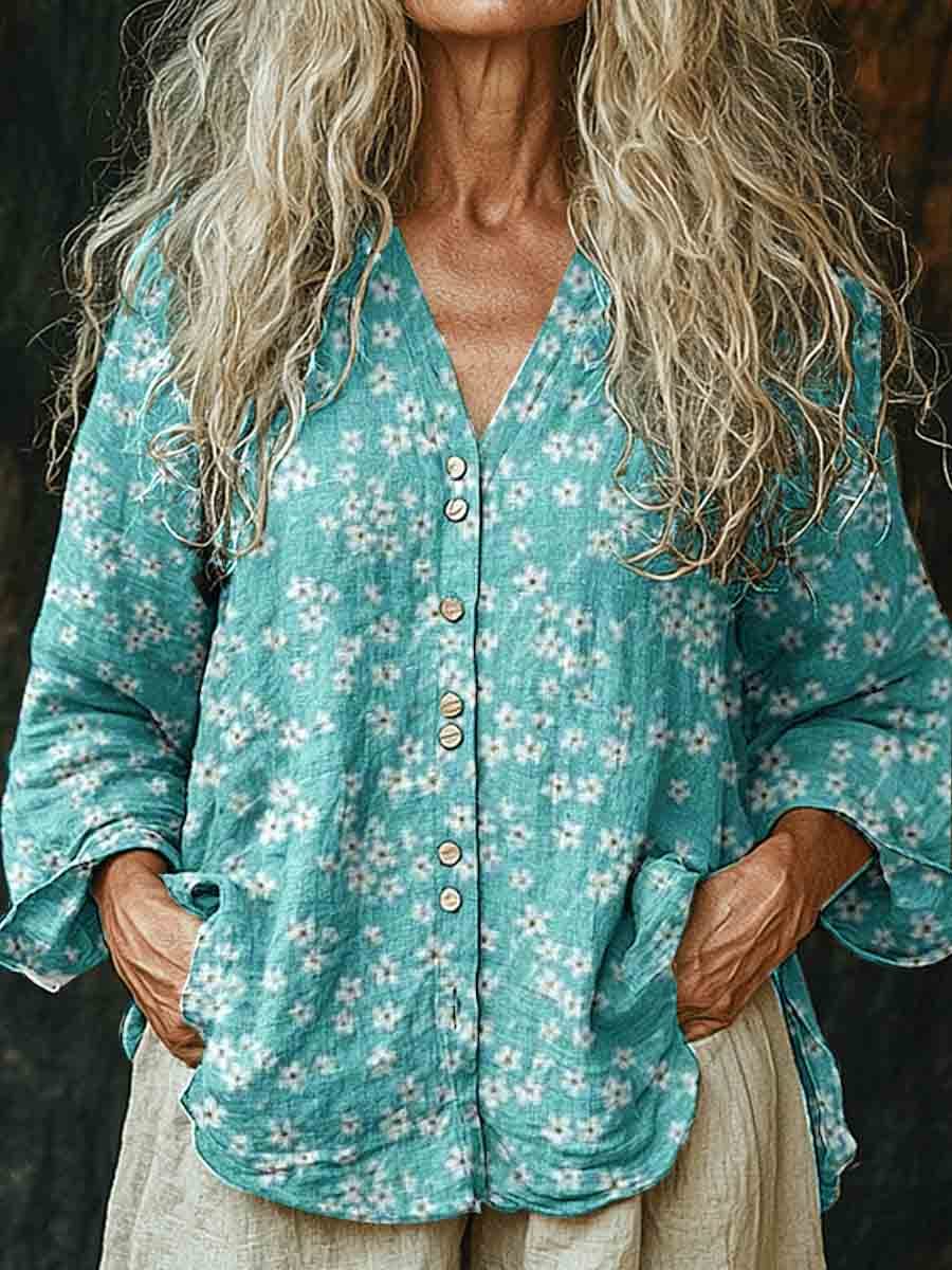 Women's Retro Flower Pattern Long Sleeve Comfortable Cotton And Linen 