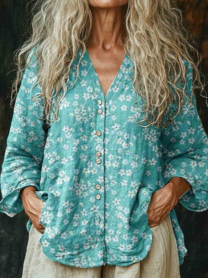 Women's Retro Flower Pattern Long Sleeve Comfortable Cotton And Linen Shirt
