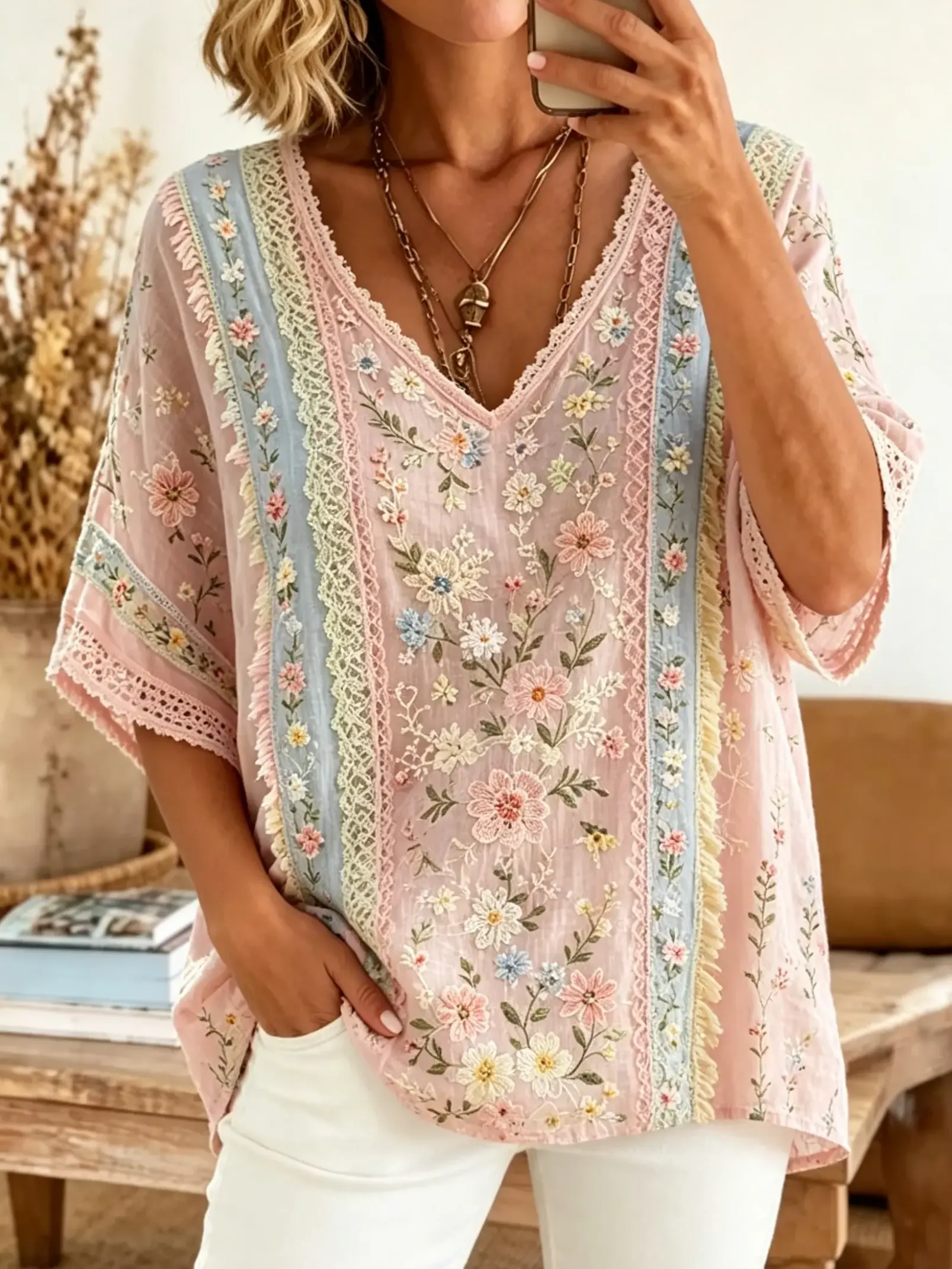 Women's Floral Lace Print Cotton Kimono Blouse