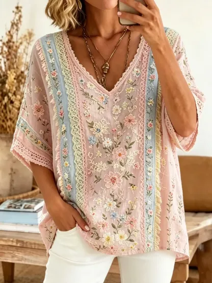 Women's Floral Lace Print Cotton Kimono Blouse