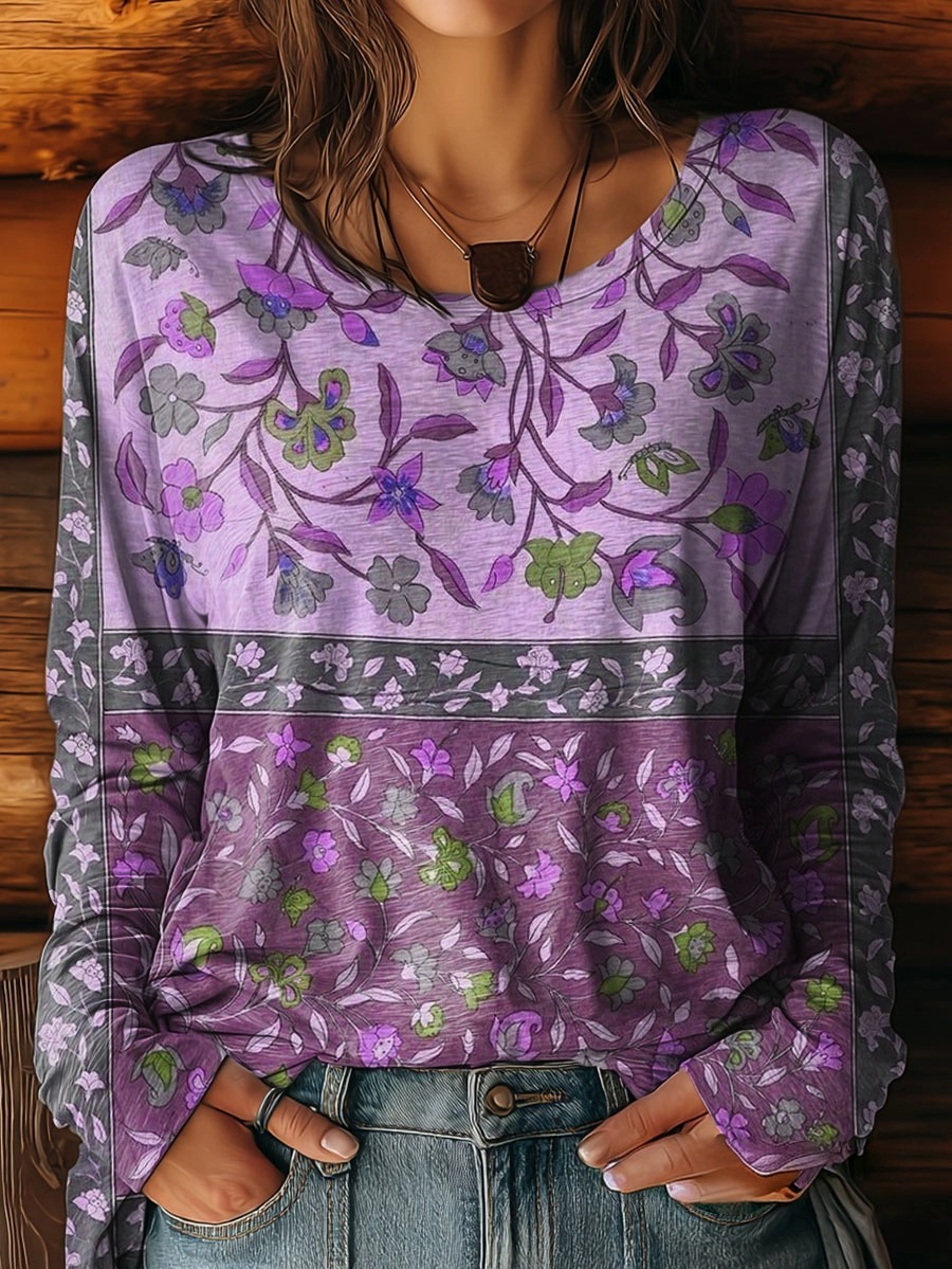 Women's Retro Floral Pattern Artistic Print Casual Round Neck Long Sleeve T-Shirt