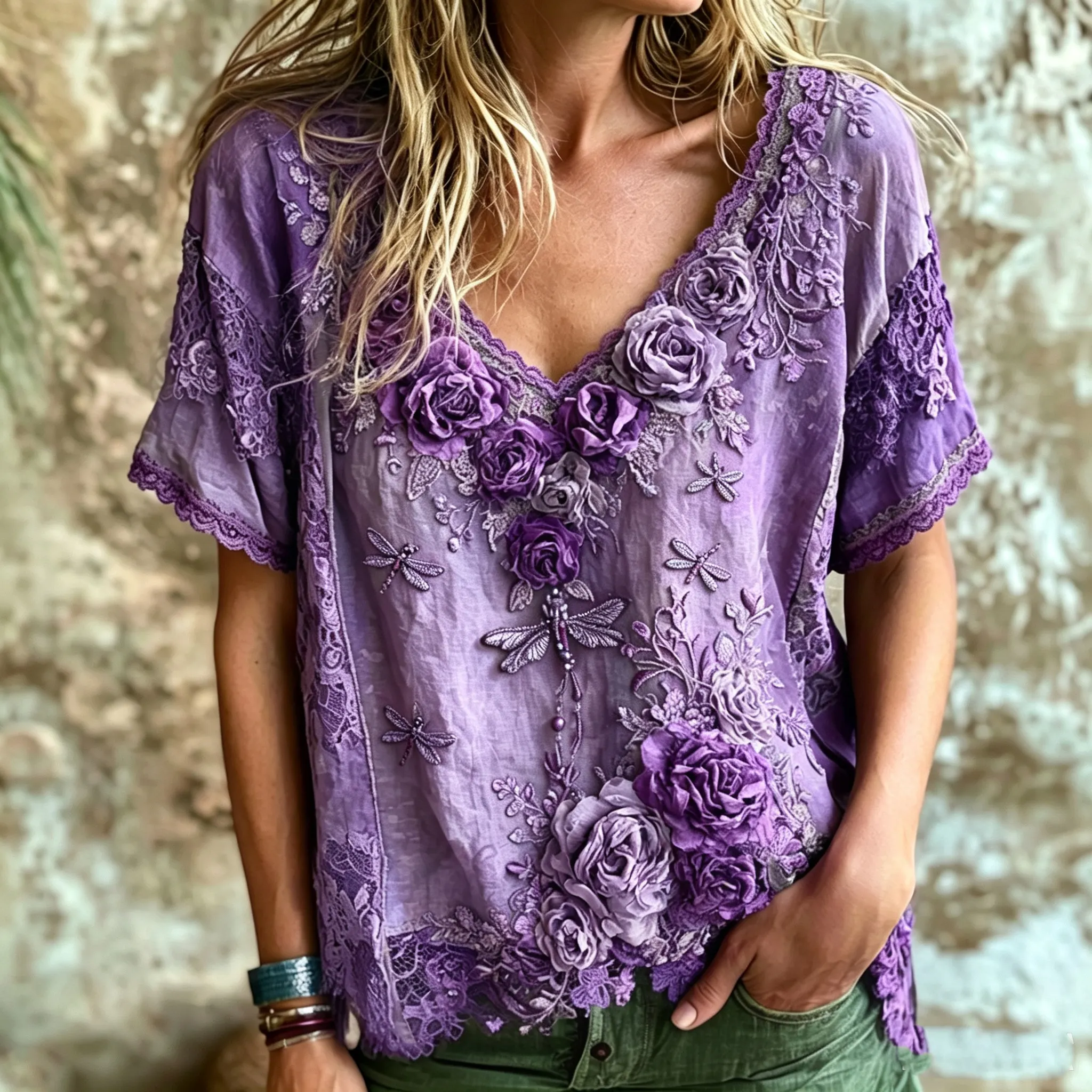 Women's Vintage Bohemian Rose And Dragonfly Embroidered Print Top
