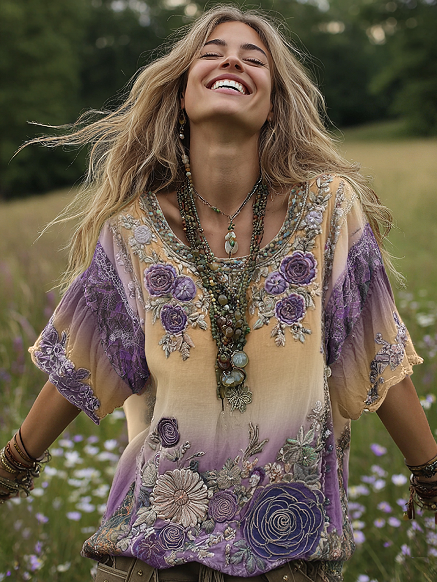 Classy Gradient Purple Lavender And Floral Embroidered Linen Short Sleeve T-shirt