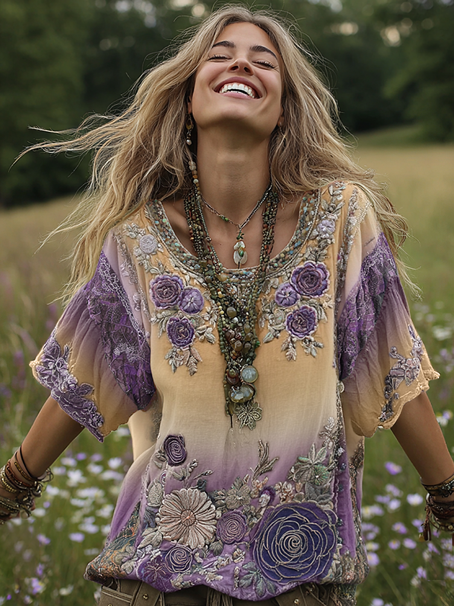 Classy Gradient Purple Lavender And Floral Embroidered Linen Short Sleeve T-shirt