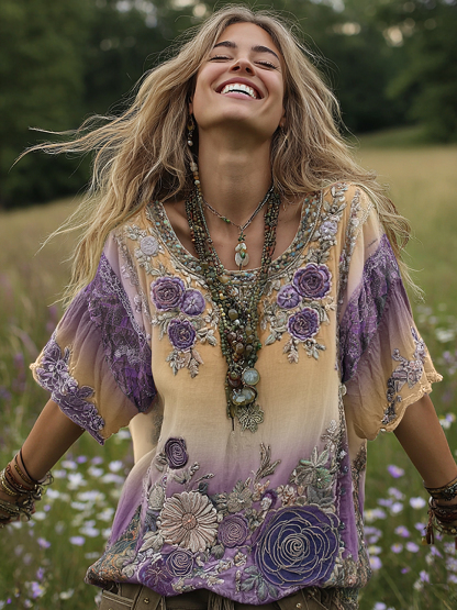 Classy Gradient Purple Lavender And Floral Embroidered Linen Short Sleeve T-shirt