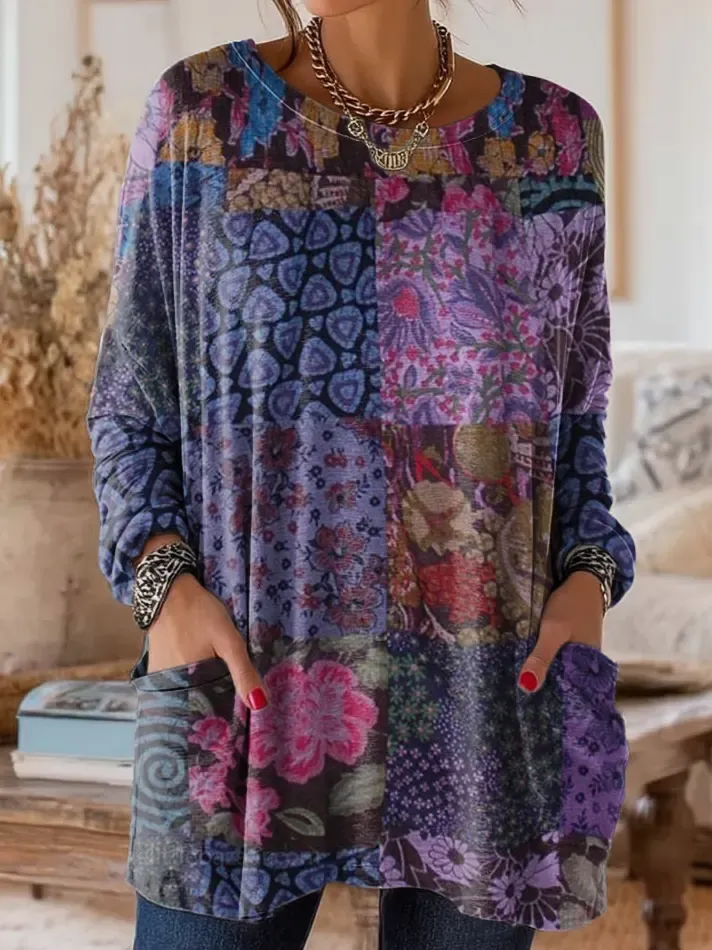 Women's Vintage Floral Pattern Art Print Casual Long-Sleeve T-Shirt