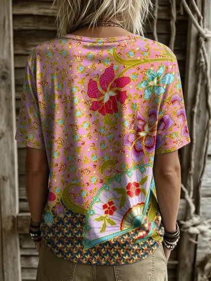 Women's Retro Ethnic Floral Print Round-neck Short-sleeve T-shirt