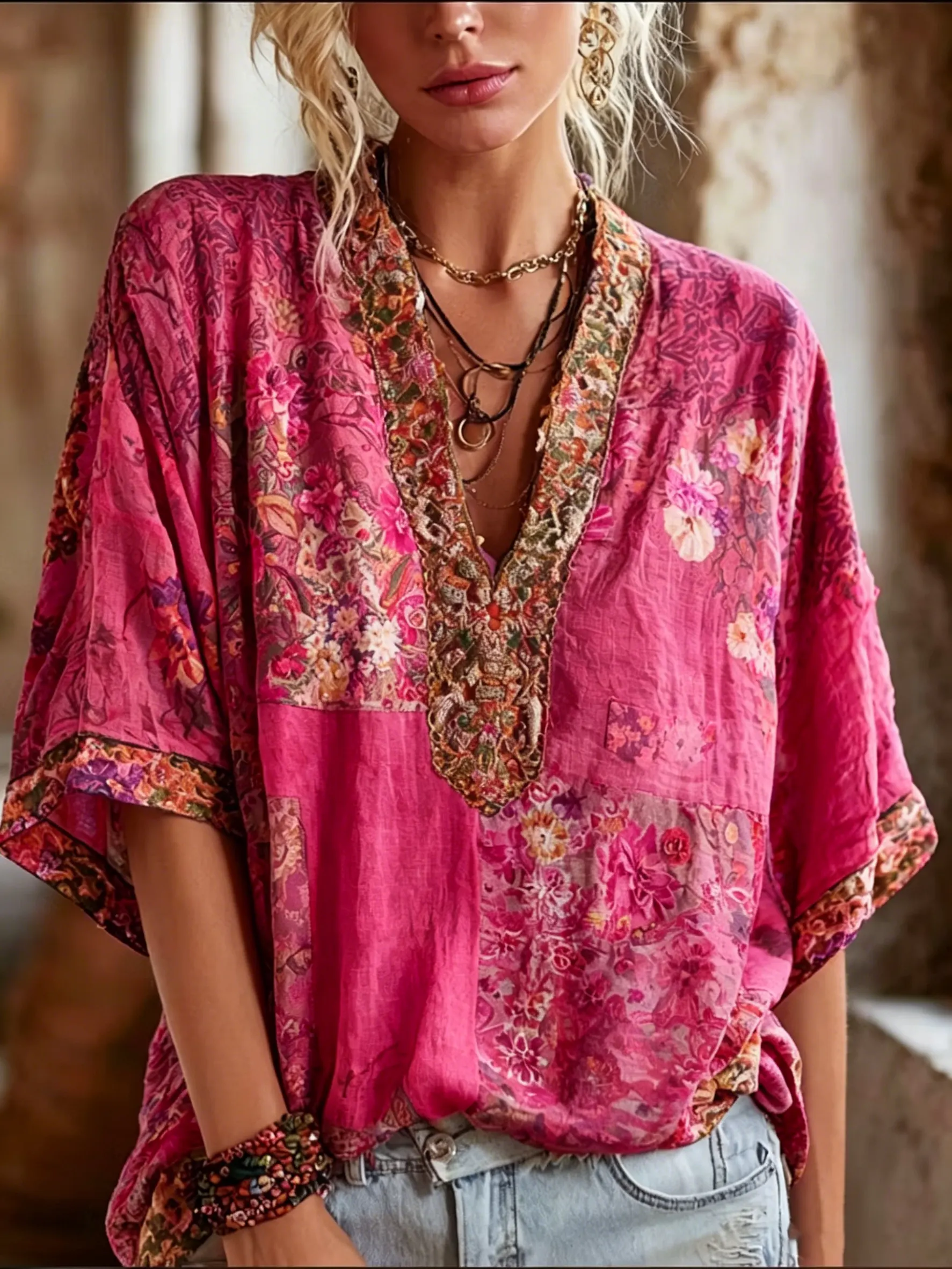 Women's Boho Floral Art Print Cotton V-Neck Blouse