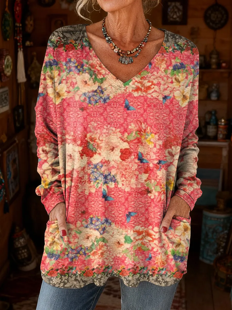 Women's Vintage Floral Pattern Art Print Casual Long-sleeve V-neck T-shirt