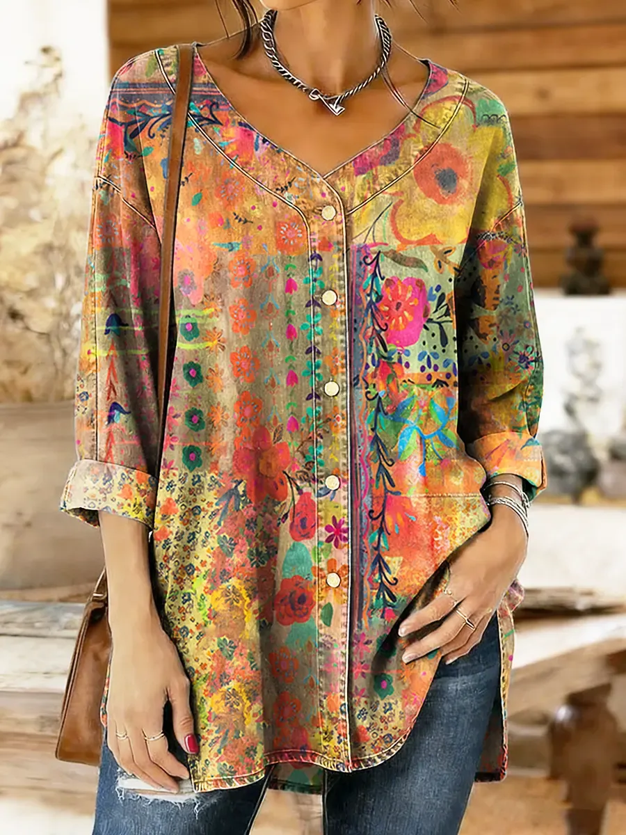 Women's Colorful Floral Patchwork Printed Cotton Denim Button-Up Top