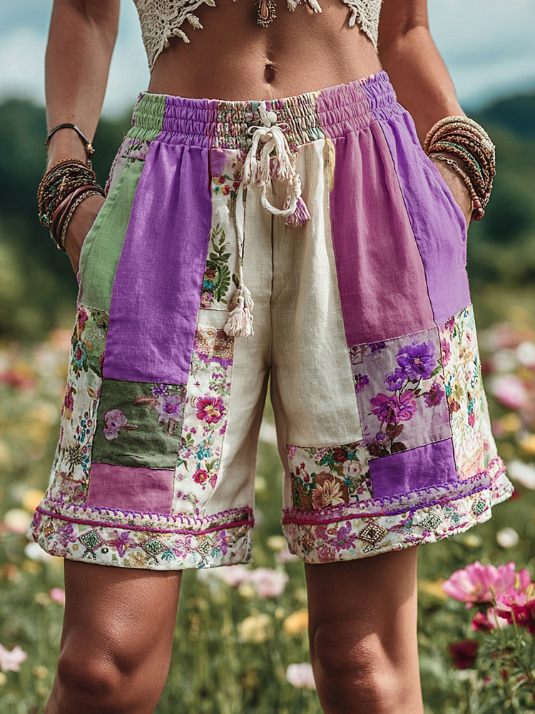 Women's Patchwork Floral Contrast Waist Drawstring Pocket Shorts