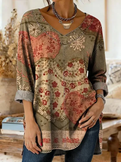 Women's Vintage Floral Heart Print Artistic Washed Denim Cotton Top